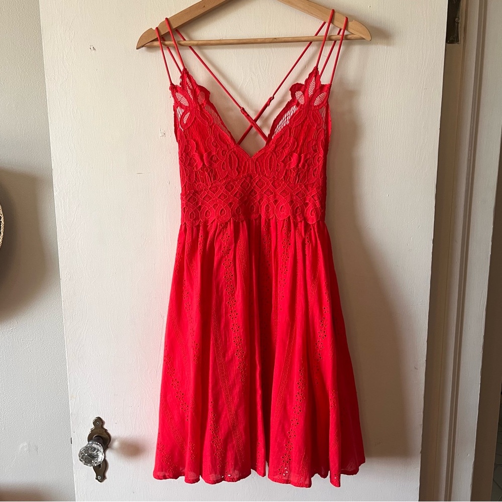 Hummingbird Red Denise Eyelet Mini Dress, Size M